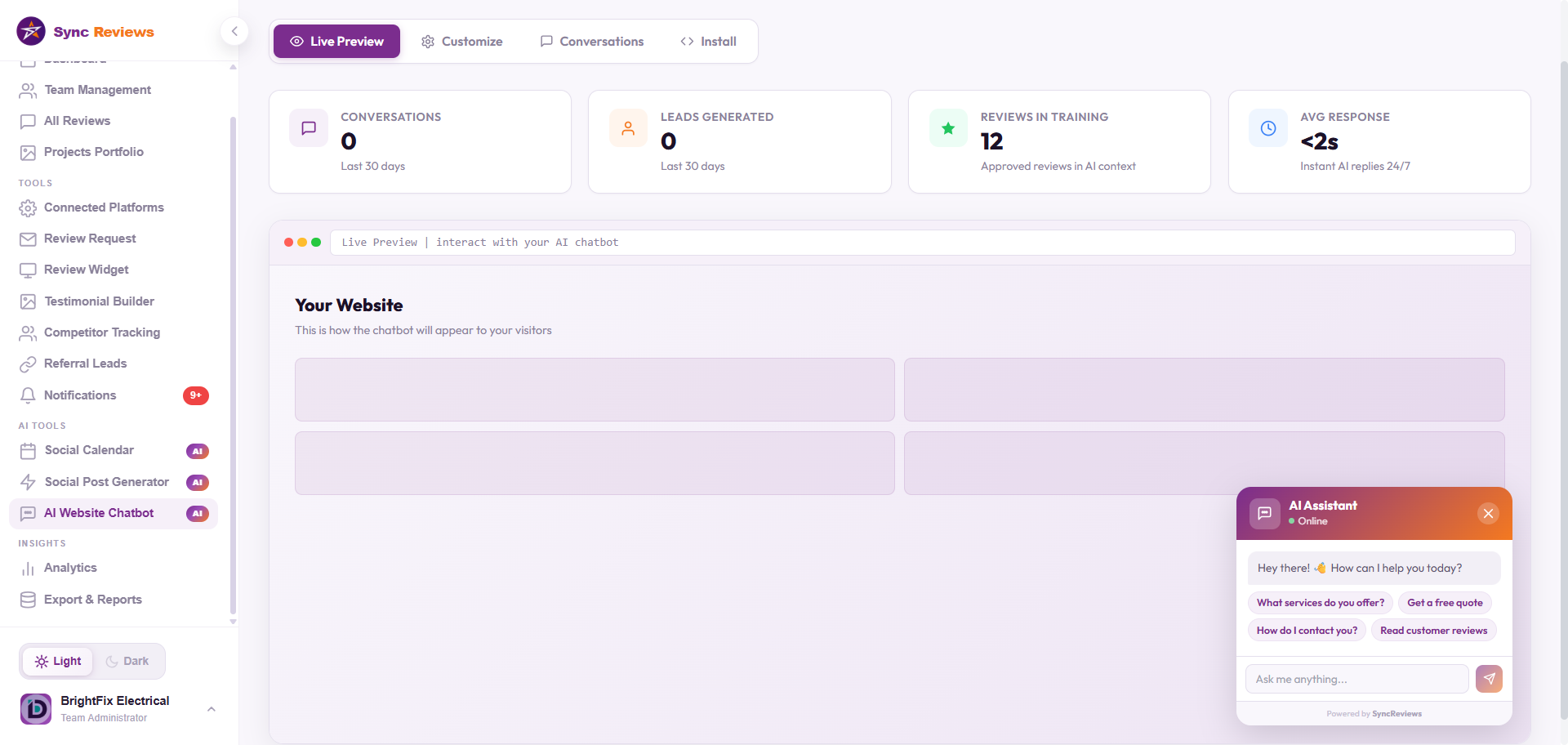 Sync Reviews 24/7 AI agent capturing an after-hours plumbing lead