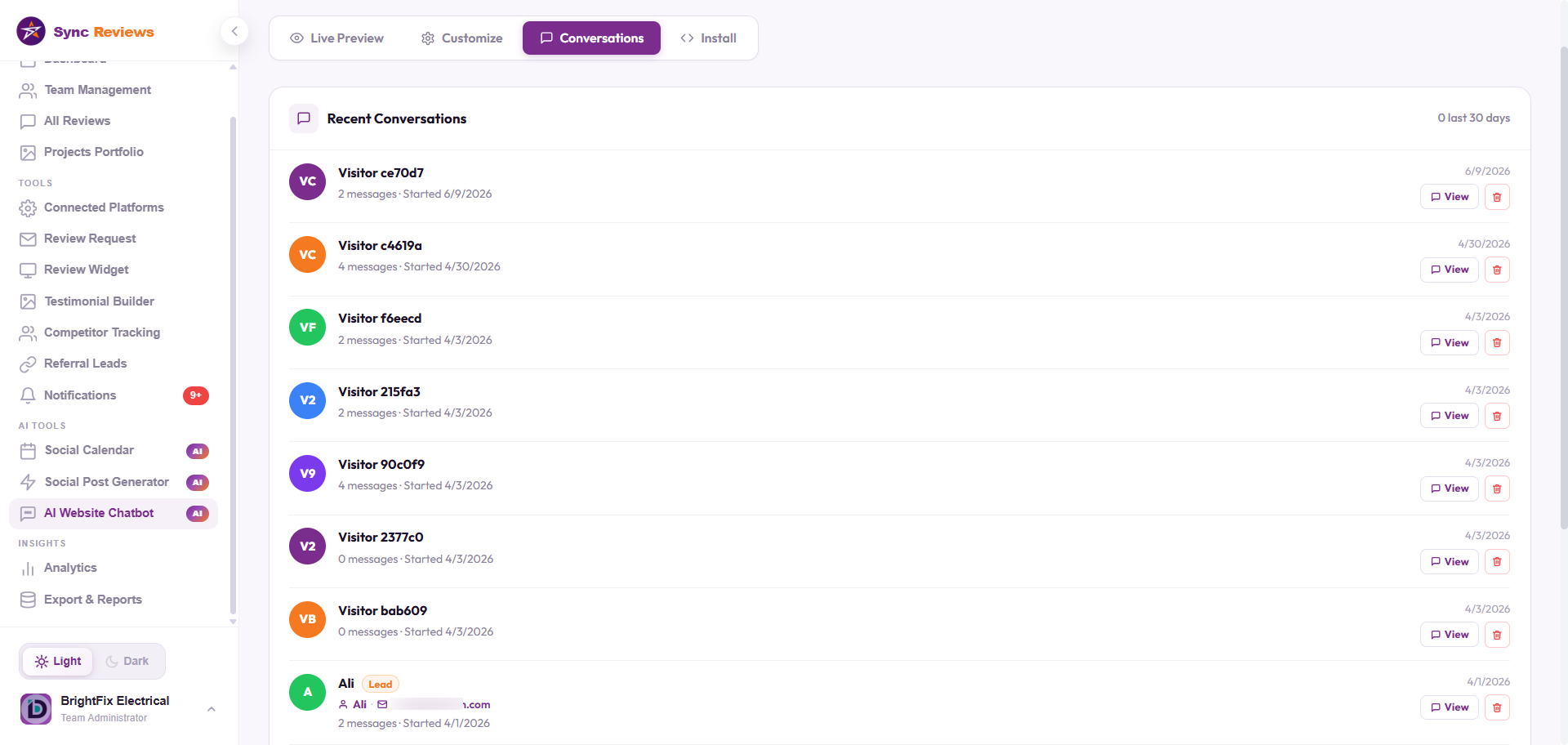 A captured after-hours lead in the Sync Reviews dashboard
