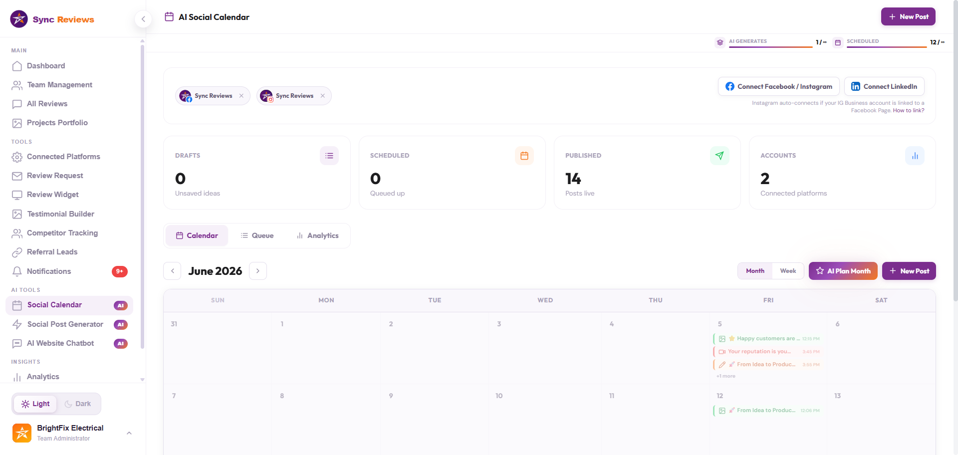 Sync Reviews AI social calendar scheduling plumbing reviews and before/after photos as Facebook and Instagram posts