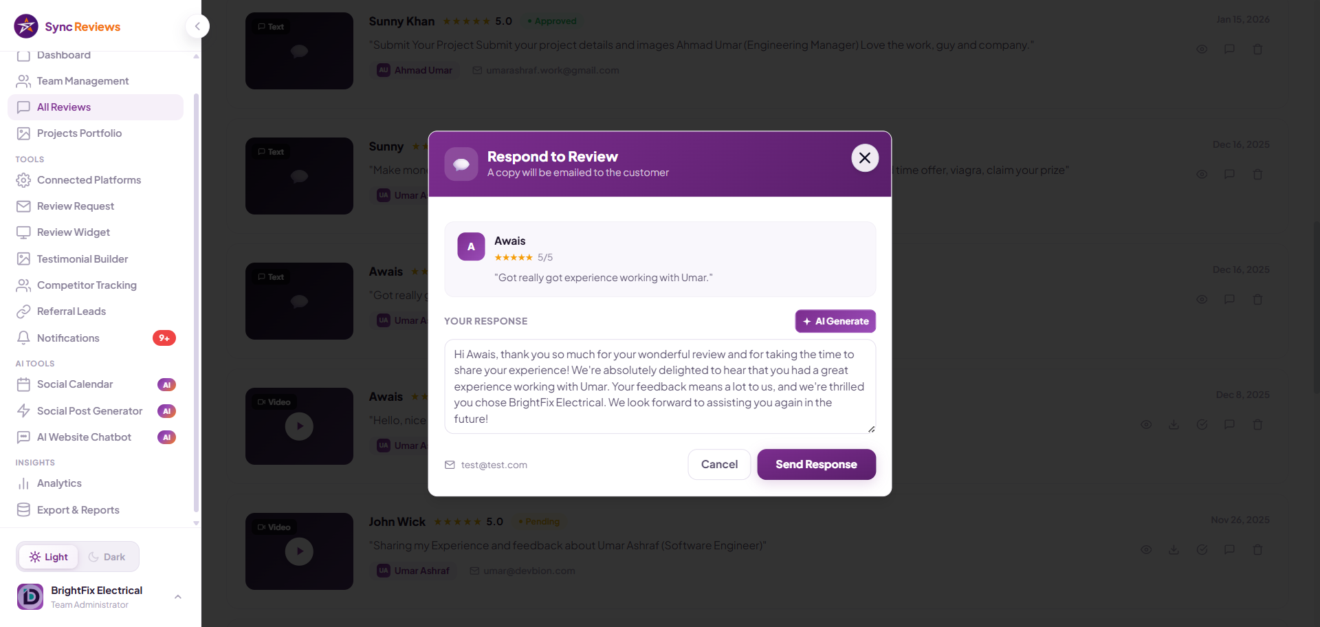 A customer review with an AI-drafted reply ready to edit and send in Sync Reviews