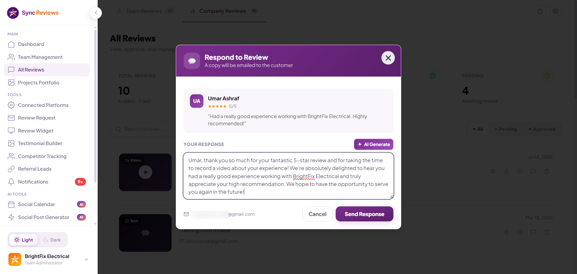 One-click AI reply draft generated for a review