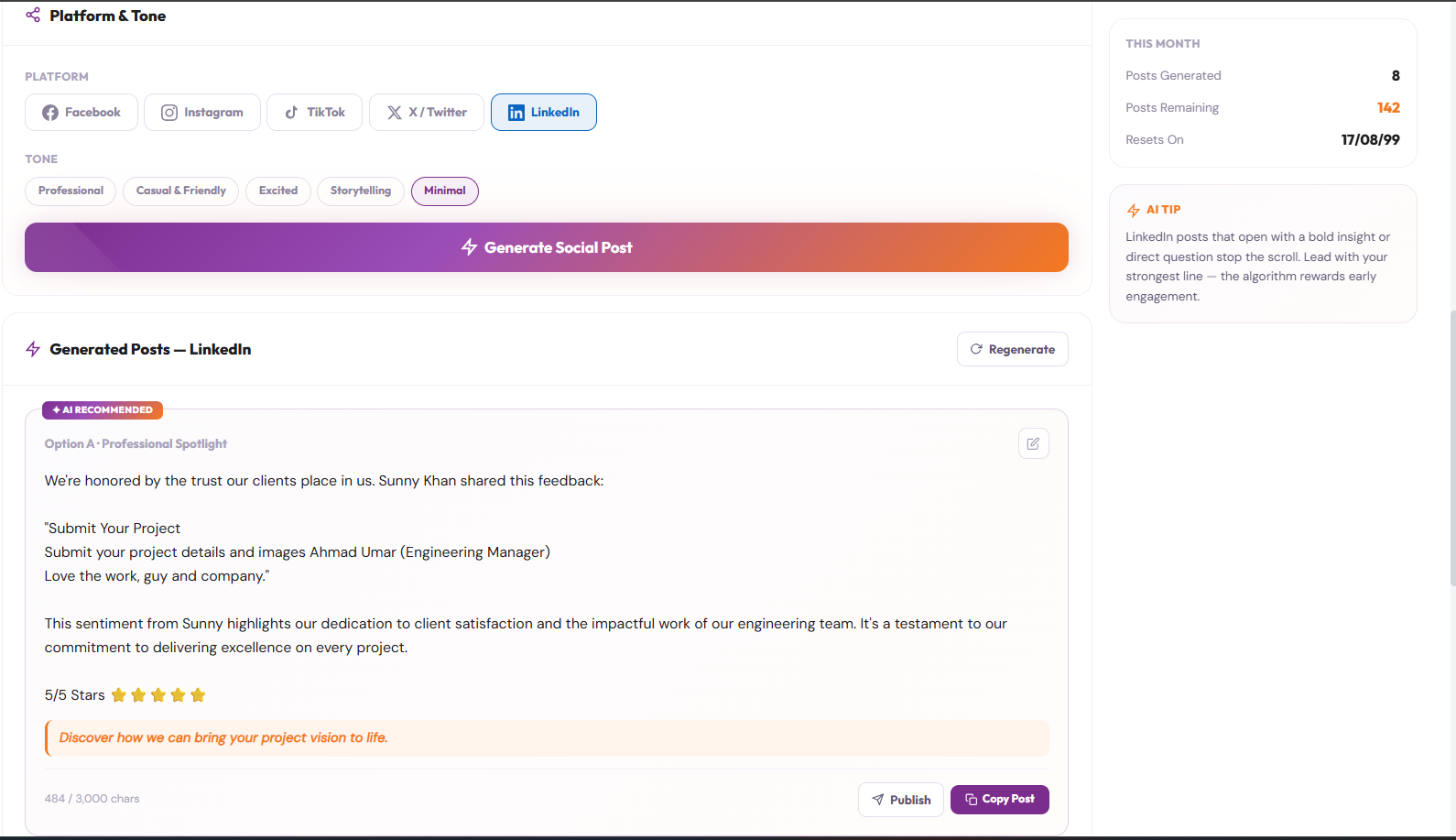 AI social post generator: pick a review, generate a caption
