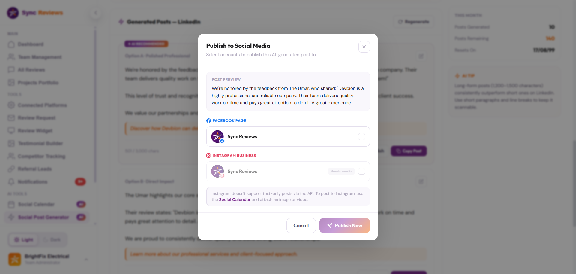 Ready-to-publish Facebook and Instagram post preview