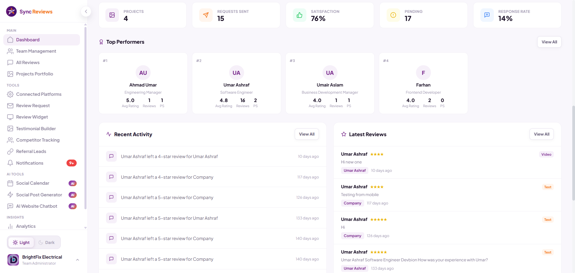 Reviews management table with video reviews, platform reviews, and approval status