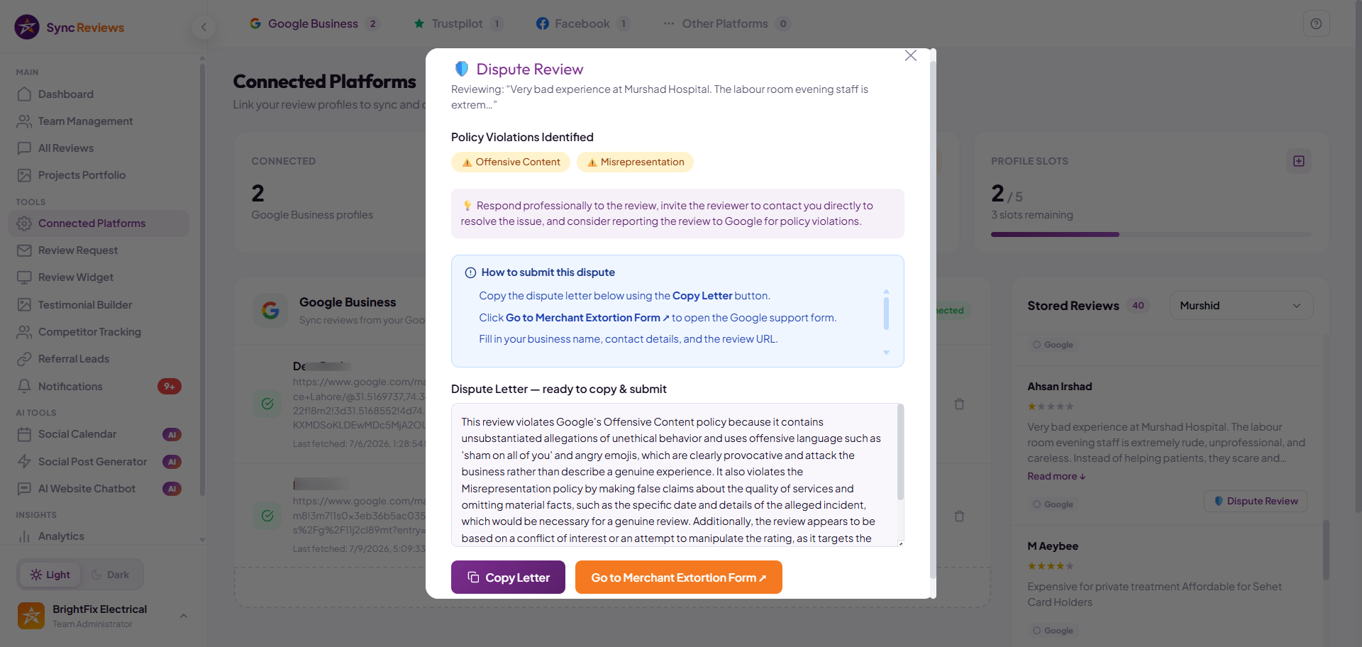 Sync Reviews Review Dispute Assistant drafting a Google policy appeal for a plumbing business