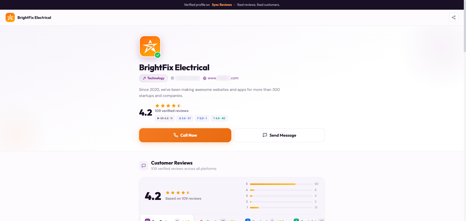 A contractor public profile page with verified reviews, video reviews, and before/after photos