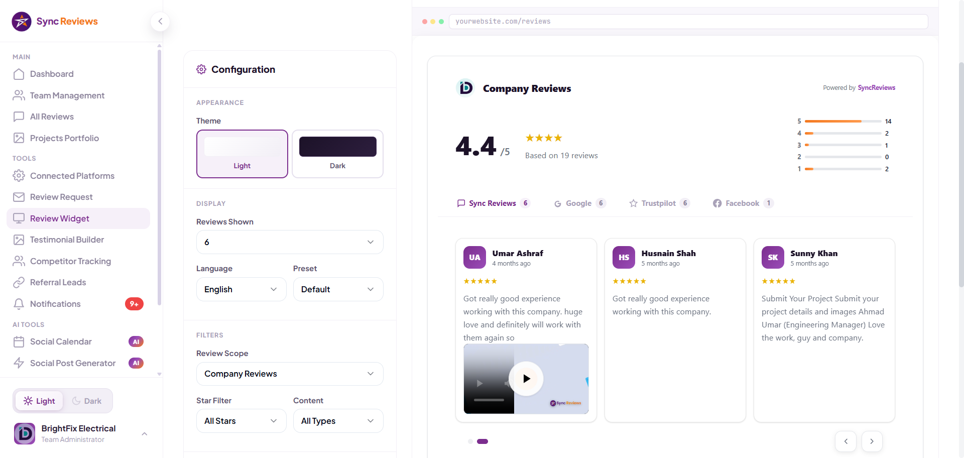 The Sync Reviews widget embedded on a website, showing Google, Facebook, Trustpilot, and video reviews in one tabbed block
