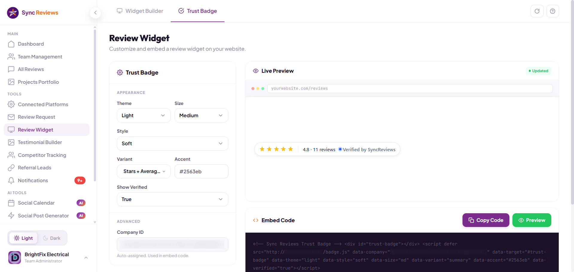 Reviews widget customizer in the Sync Reviews dashboard