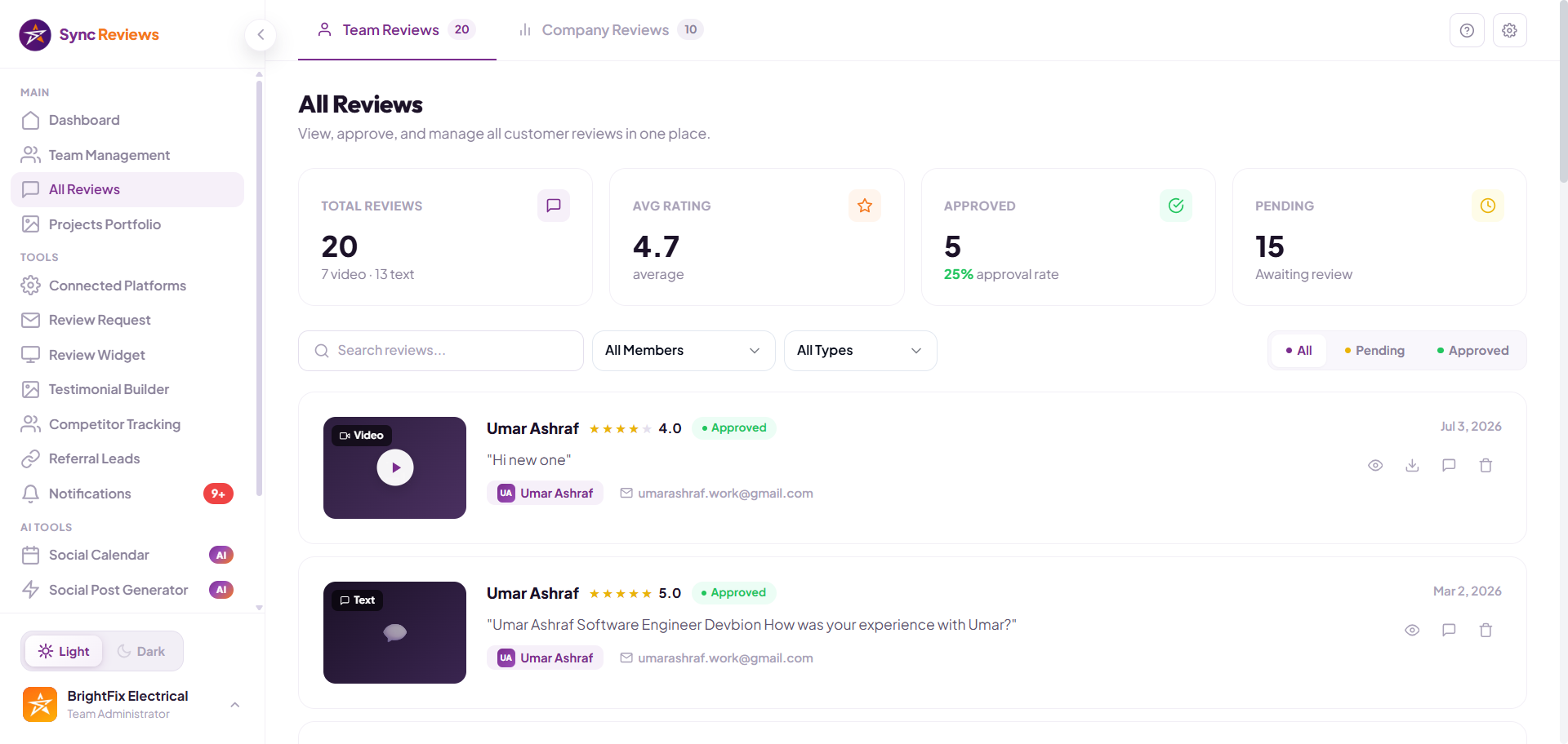 Video reviews dashboard in Sync Reviews showing collected on-site video testimonials