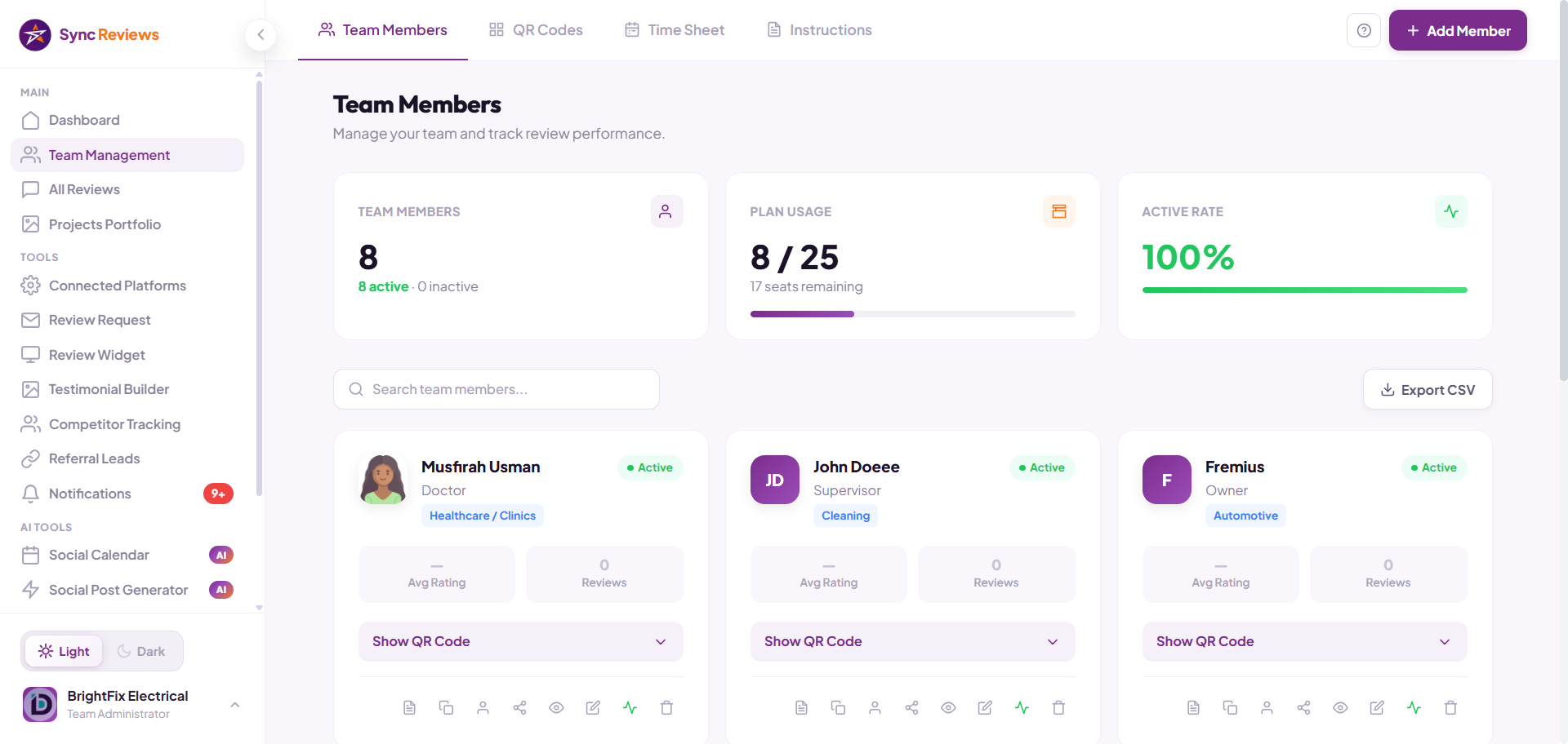 Per-crew QR codes in the Sync Reviews dashboard, one code for every team member
