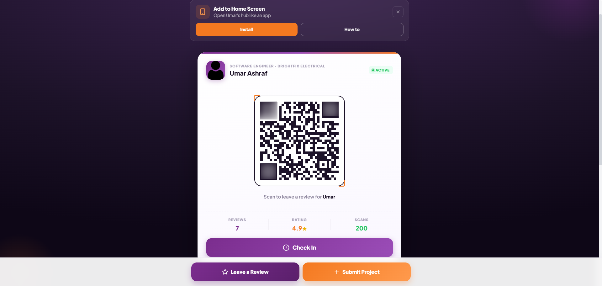 Team members management in Sync Reviews, each crew member with their own hub, QR code, and stats