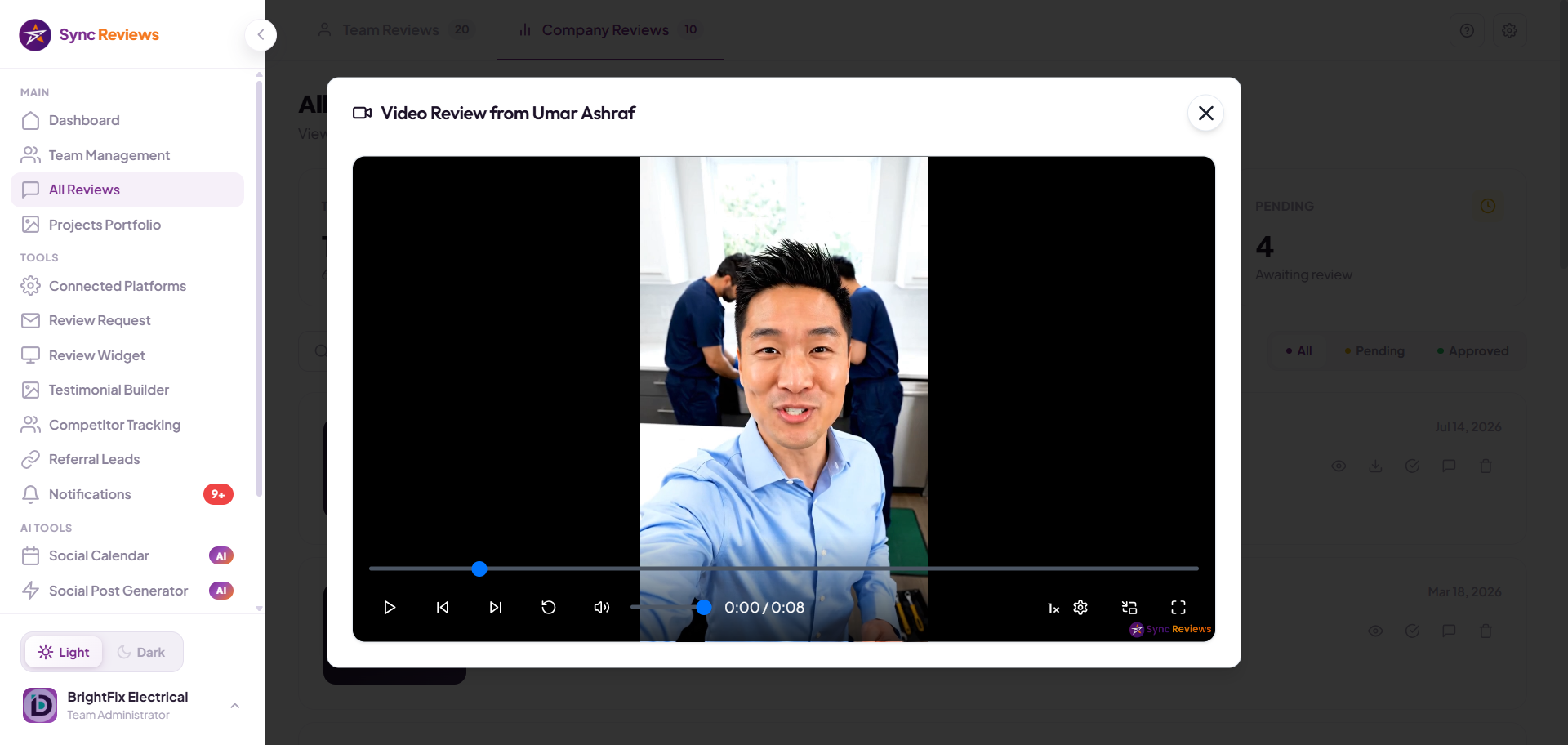 Plumbing customer recording a 30-second on-site video review with Sync Reviews